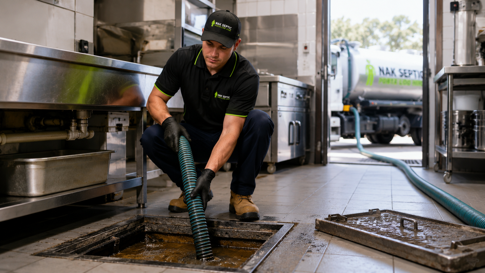 Commercial grease trap being cleaned