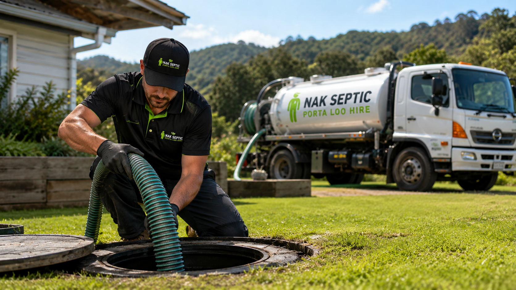 Technician cleaning a septic tank in Northland